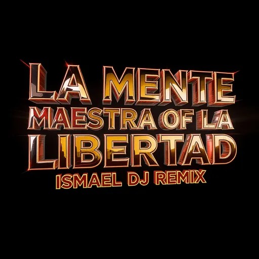 Prompt: Ultra-realistic 3D title text ´LA MENTE MAESTRA DE LA LIBERTAD ISMAEL DJ REMIX ´in metallic red black yellow white finish, hyper -reflective with a polisheb surface, featuring layered extrusion and immersive depth. Incorporates a bold and dangerous urban style, whit sharp edges and dynamic contours. Surrounded by subtle ambient lighting and dramatic highlights, isolated against a pure black background. Rendered in Cinema 4D style, with professional-grade lighting and texture, capturing intricate reflections and shadows for a photorealistic finish. Perfect for a high-end cinematic or music branding aesthetic, photo
