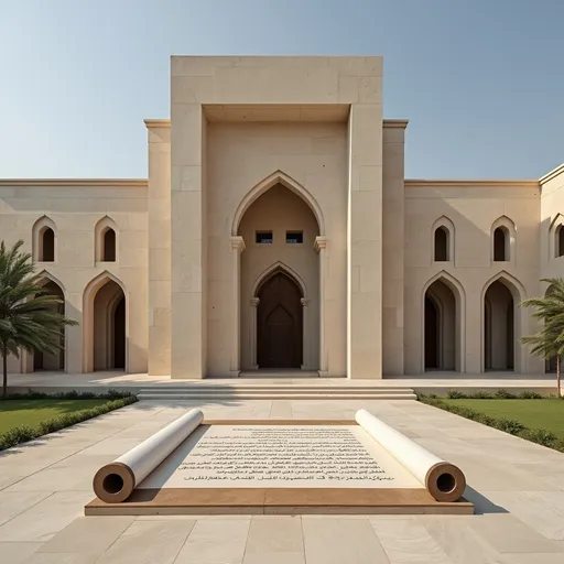 Prompt: house of wisdom sharjah with scroll monument

