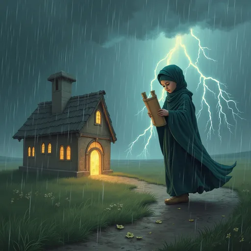 Prompt: house of wisdom sharjah with scroll monument in frond road and rain and strom with thunder standing girl with abayah

