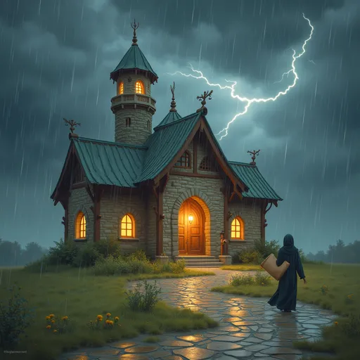 Prompt: house of wisdom sharjah with scroll monument in frond road and rain and strom with thunder standing girl with abayah

