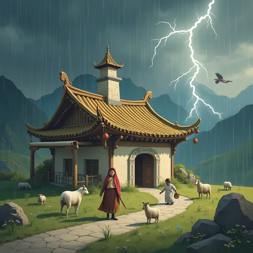 Prompt: house of wisdom sharjah with scroll monument in frond road and rain and storm with thunder standing girl with Abbayah, Chinese guy with her, white guy working with goat, sheep in the mountain, plastic cover flying

