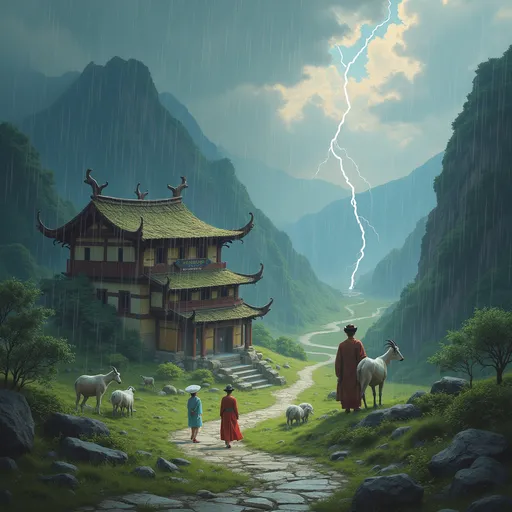 Prompt: house of wisdom sharjah with scroll monument in frond road and rain and storm with thunder standing girl with Abbayah, Chinese guy with her, white guy working with goat, sheep in the mountain, plastic cover flying

