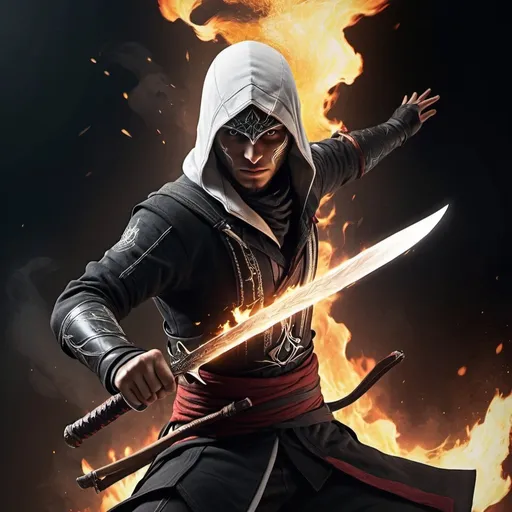 Prompt: assassin's creed's black suit with Iranian 18 years old boy's face 
with white hair and lighting throwing knife with  ninja sword with fire background with fire ninjutso
