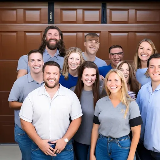Prompt: Manager of a company with a team of employees. Garage door technicians. A professional photo with everyone smiling. In the background a modern garage door.