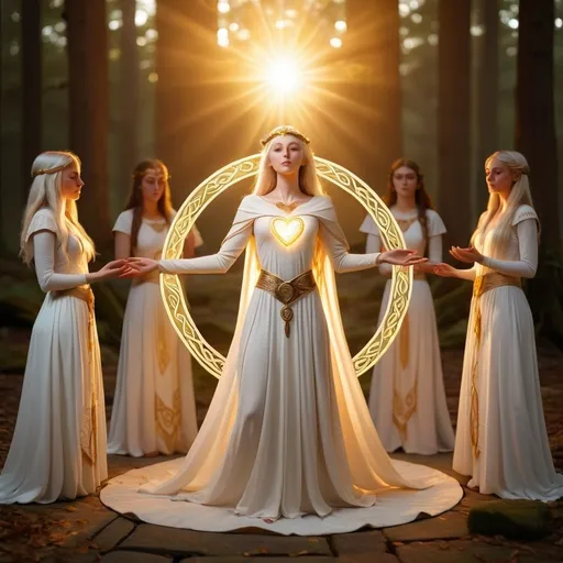 Prompt: Ancient Celtic priestess heart activation initiation circle in white elven dresses and golden light 