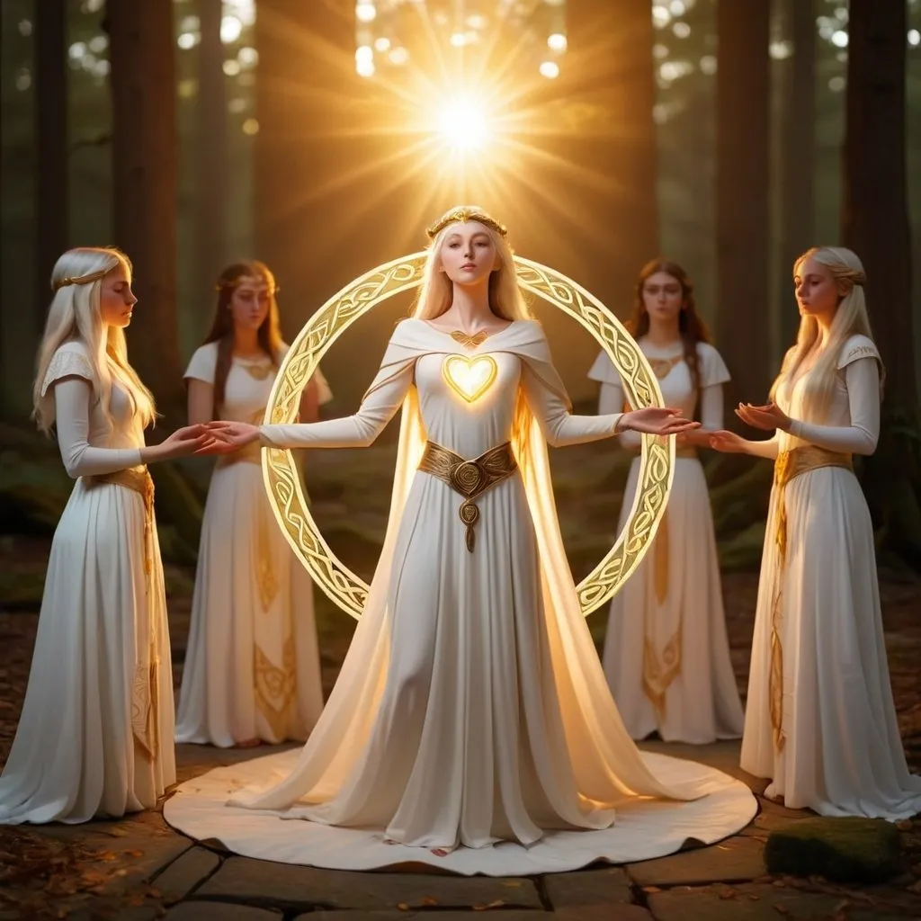 Prompt: Ancient Celtic priestess heart activation initiation circle in white elven dresses and golden light 