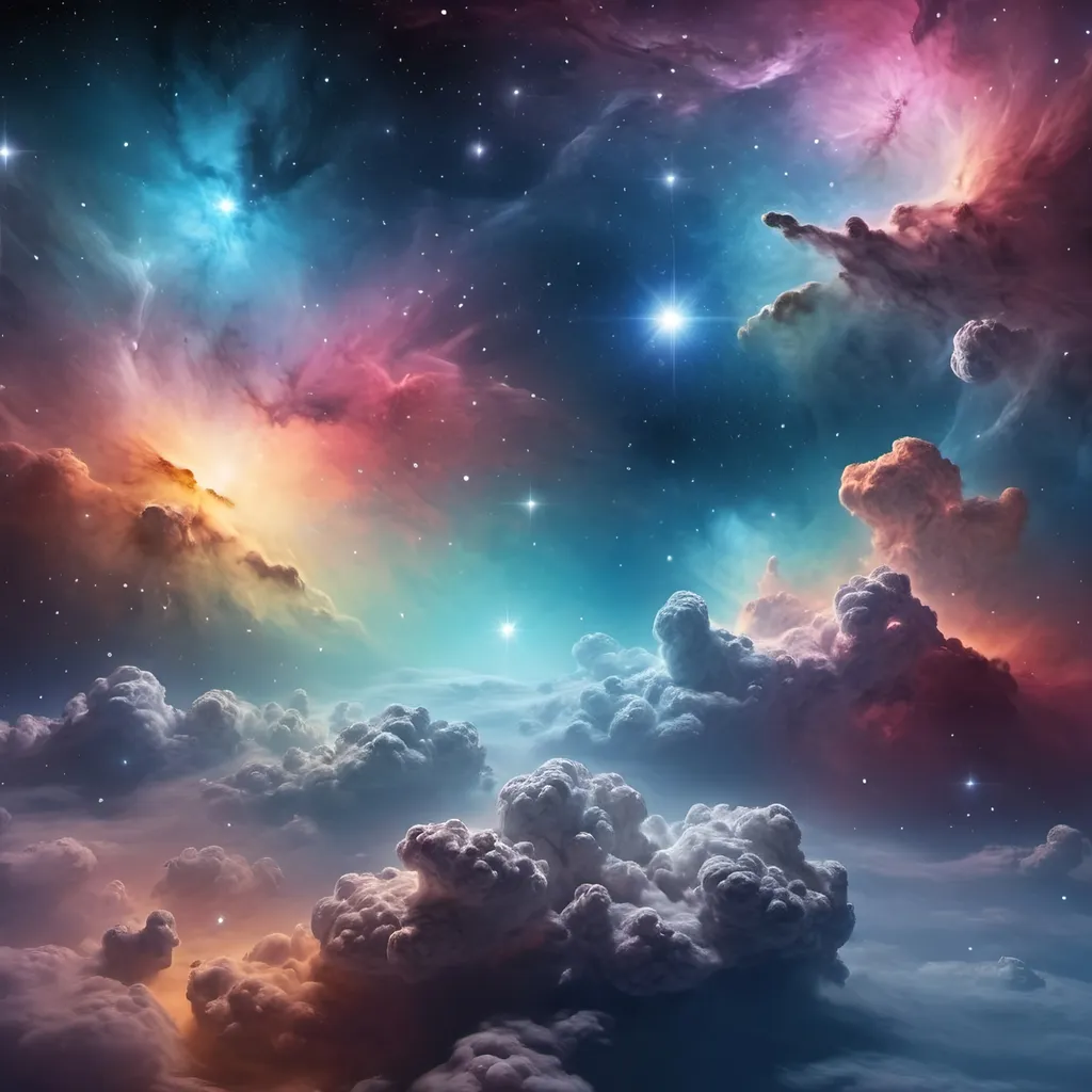 Prompt: Could you create a spectacular galactic backdrop, full of bright nebulae and distant stars. Lots of clouds and colours in outer space.