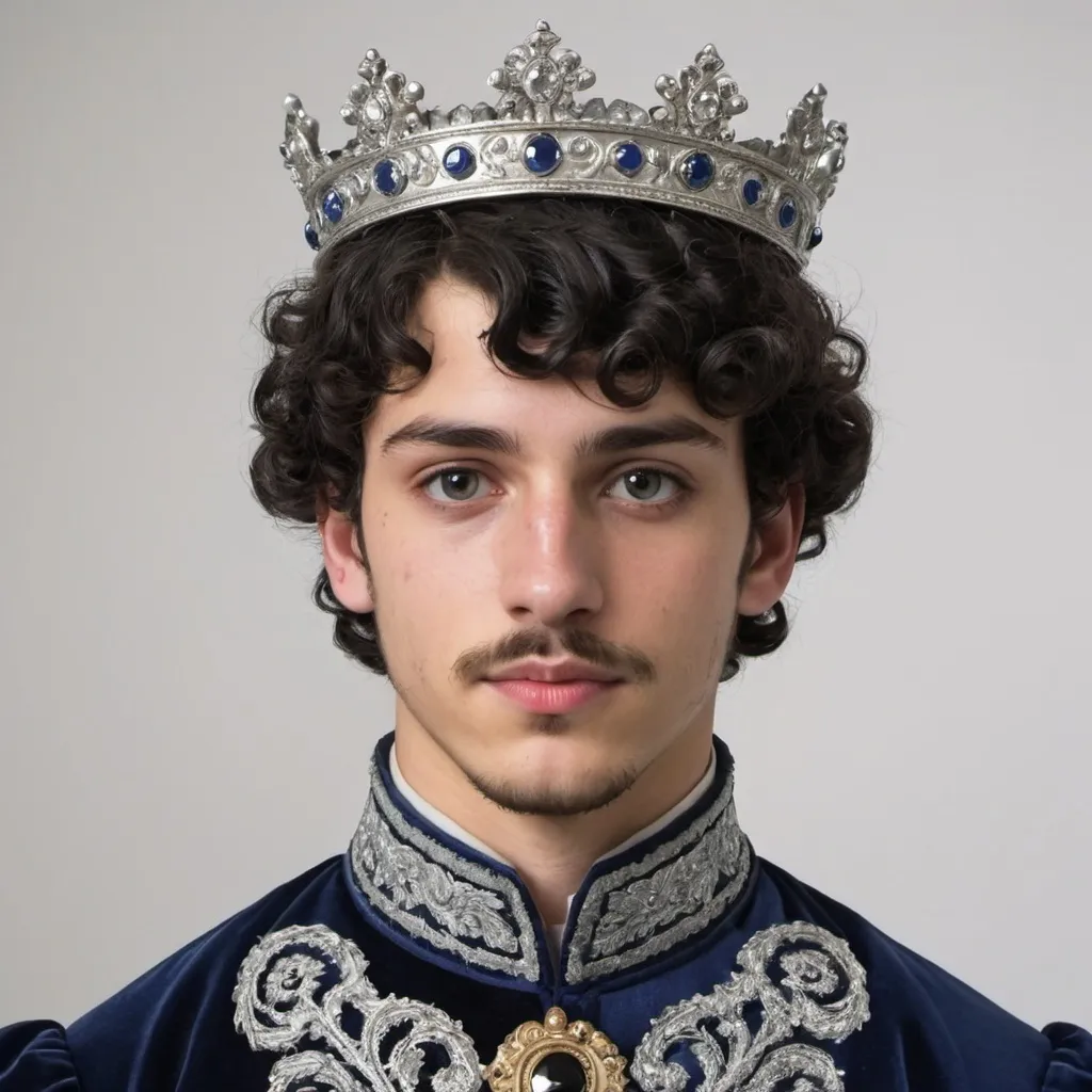 Prompt: A 21-year-old man with black short curly hair and black eyes. He is wearing a dark blue and silver patterned outfit worthy of a nobleman. A king's crown of silver and diamonds on his head. He has a light beard and moustache.