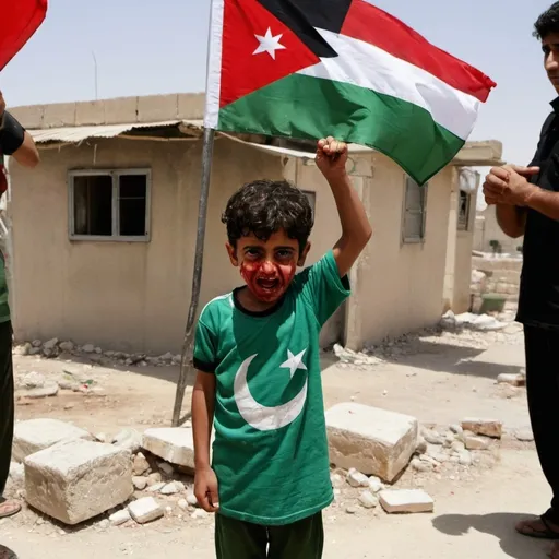 Prompt: Palestine child shed in blood n war zone and holding Pakistani flag celebrating independence with tears