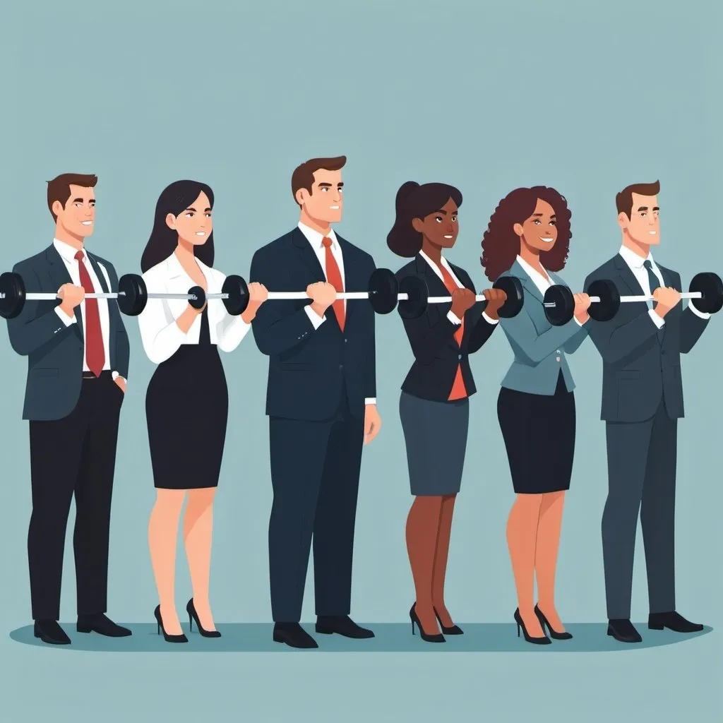 Prompt: flat illustration of diverse executives wearing business attire lifting weights
