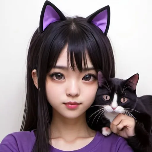 Prompt: a girl with black hair and a purple shirt with a cat ears on her head and a purple shirt with a black cat on her chest, Fan Qi, dau-al-set, sakimi chan, computer graphics