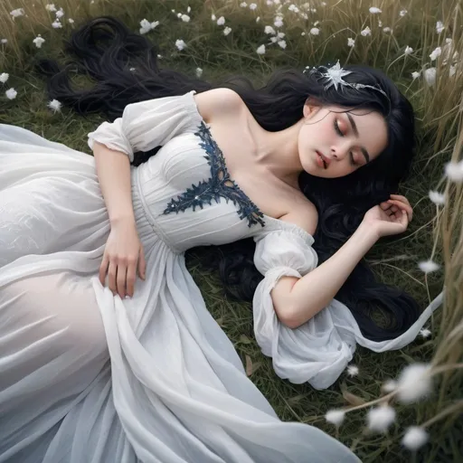 Prompt: A girl who has fallen into a fantasy world. She wears a flowing pure white dress with delicate details and an off-shoulder style and has wavy black hair reminiscent of the night sky. She lies on a ground of fragile white grass. Her hair is adorned with white ornaments fit for a noble. Her eyes reflect the bluest of waters.