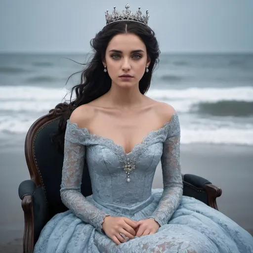 Prompt: A young woman sits on a chair, her dark hair falling in waves. She wears a simple, yet charming light blue gown. Black lace adorns this gown, contrasting greatly to the lightness of the gown. Her eyes are of the purest sky itself. A plain silver crown embedded with sky like jewels rests on her heads.