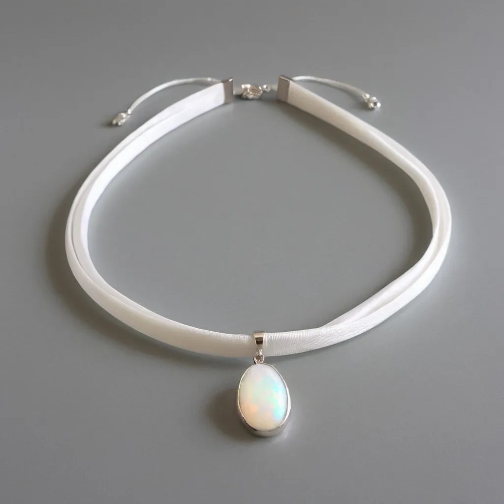 Prompt: A simple white choker of silk and a opal 