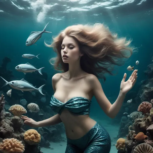 Prompt: À Fishe woman  , under sea with tresor