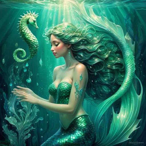 Prompt: (mermaid with jade tears), bittersweet expression, surrounded by shimmering ocean depths, magical glow from tears, whimsical aura, seahorse companion nearby, vibrant aquatic colors, fluid movements in the water, intricate scale patterns shimmering in turquoise and green hues, (dreamy ambiance), high detail, ultra-detailed, enchanting mood, ethereal light filtering through waves.