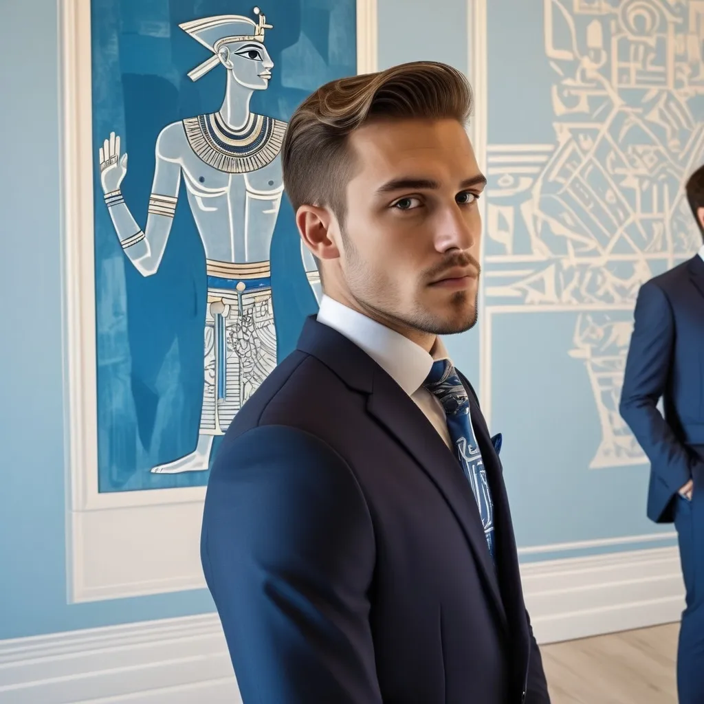 Prompt: (cubo-futurism), men in suits and ties, (elegant and formal), standing together in a contemporary room, (blue wall) creating a striking contrast, inspired by (Egyptian art) elements, intricate patterns, and symbolism, stylish atmosphere, (full HD) quality, ultra-detailed, dynamic composition, seamless blend of traditional and modern aesthetics.