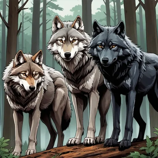 Prompt:  illustration. comic book art. wolfs rain. anime. three wolves. gray wolf. black wolf. and brown wolf. forest background