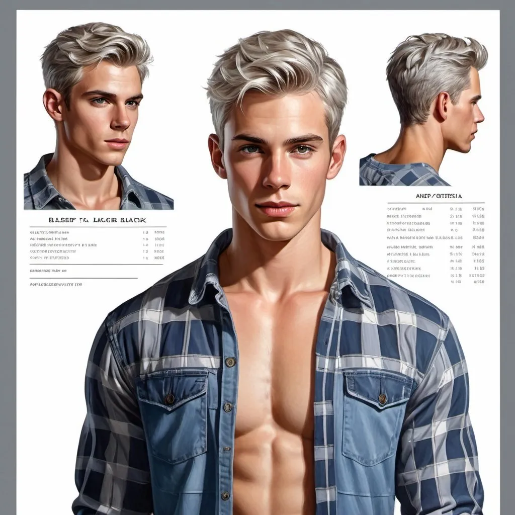 Prompt: 24 year old, handsome man with Shifter male, character sheet. light tan skin, silver hair faded on sides, piercing gray irises, handsome, Andy black, handsome, wearing gray t-shirt, blue jeans, converse, open long sleeve red plaid shirt. oil painting. illustration. character sheet.  detailed face.