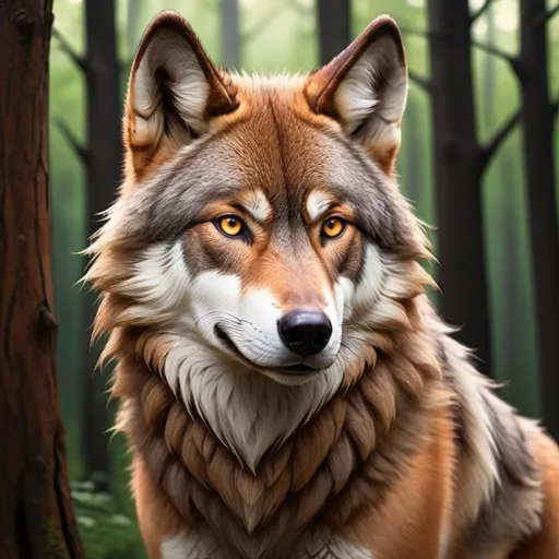 Prompt: large male wolf reddish brown fur with (((hazel eyes)). simple manga webtoon art. forest back ground
