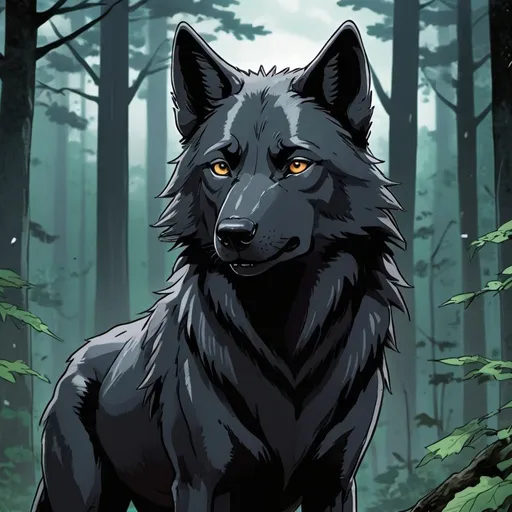 Prompt:  illustration. comic book art. wolfs rain. anime. female black wolf. forest background