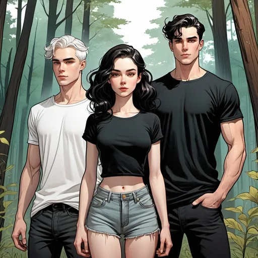 Prompt: young woman. pale skin, long black wavy hair, piercing honey irises, slender body,  black t-shirt,  gorgeous, beautiful. Standing with two young men. one man white short hair. one man long brown hair in bun. comic book art. illustration. forest background