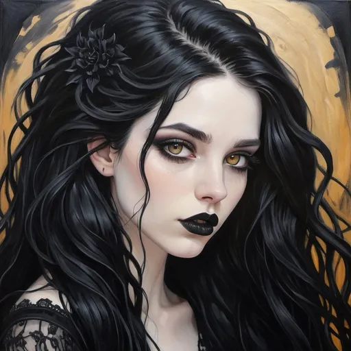 Prompt: 23 year old. gorgeous, beautiful.  goddess beauty. gorgeous. long black flowy haired woman. pale skin. Amber eyes. casual goth. full lips. Detailed faces. oil painting. hand drawn. goth