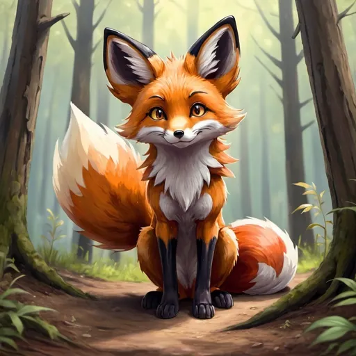 Prompt: Oil panting. forest back ground fire type red fox. Three tails. Large ears. Gold eyes. Anime. Cute. Adorable. Pokémon 