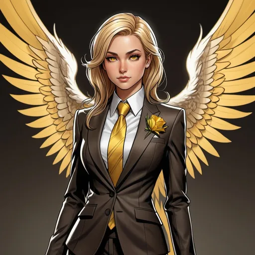 Prompt: female fey, tan skin, shoulder length blonde and brown highlighted hair, piercing yellow  irises, curvy body, dressed in fancy tailored suit and tie, butler attire, black boots, beautiful, D&D sheet, oc character. comic book art. illustration. detailed face. detailed barn owl wings. shy.