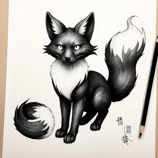 Prompt: Black kitsune with white accents. three tails. pencil sketch. 