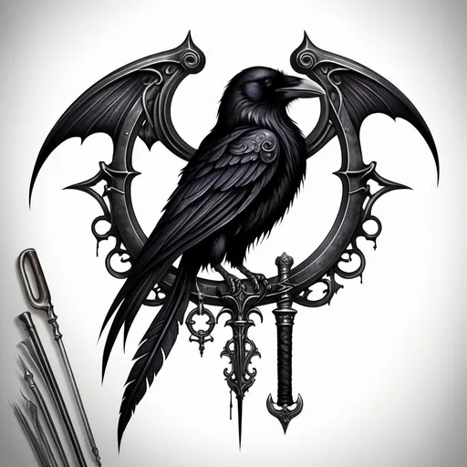 Prompt: gothic style scythe with a raven tattoo design