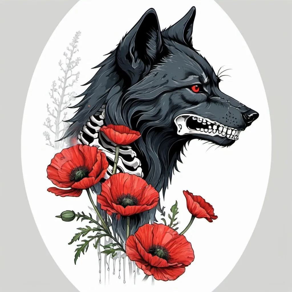 Prompt: black wolf outline with human skeleton. red splatter poppy flowers in rib cage.  side view. illustration, tattoo, drawing. color. pretty. oriental 