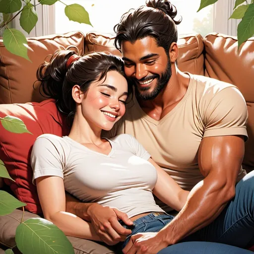 Prompt: young couple. cuddling on leaves happy in love. smiling. laughing. looking at viewer ((beautiful, black haired, pale skinned woman))  ((handsome man, reddish brown haired in messy man bun light tan skin, short neat beard. broad muscular))  In love.  Detailed faces. Romance. Comic book art.  romance novel Illustration. on couch. long black  sleeve shirt