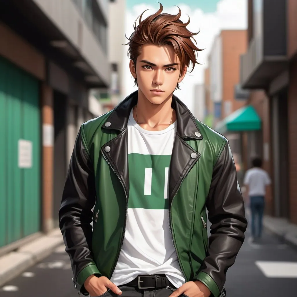 Prompt:  26 year old  broad strong .handsome man with tan skin, long reddish brown hair in a messy manbun, sweeping bangs sticking out. piercing  green eyes, handsome, wearing black leather jacket, ripped jeans, and white t-shirt. manga, cartoony, webtoon art  illustration.    
