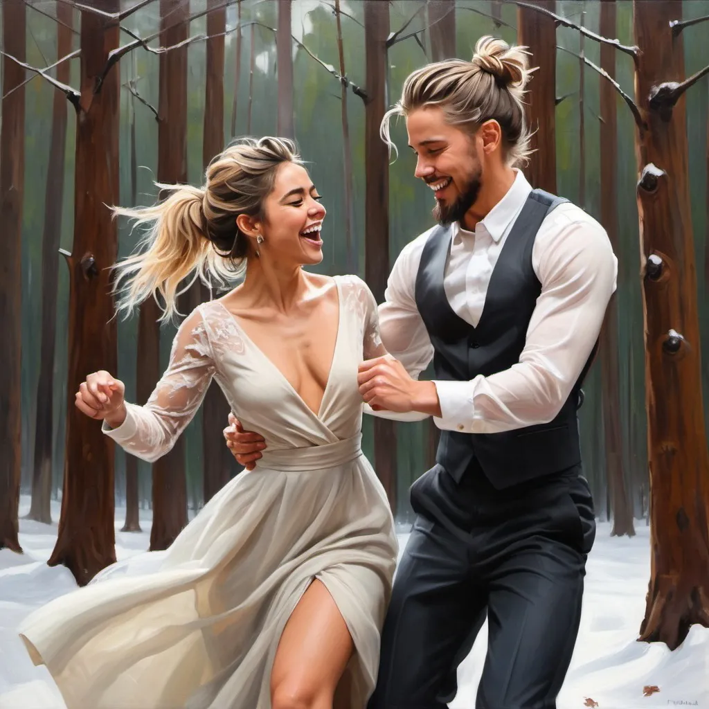 Prompt: couple. messy man bun. muscular, Latino burette Austin Butler. short beard. dancing. laughing. winter forest wedding. long sleeve dress. soft thin Margo Robbie. oil painting