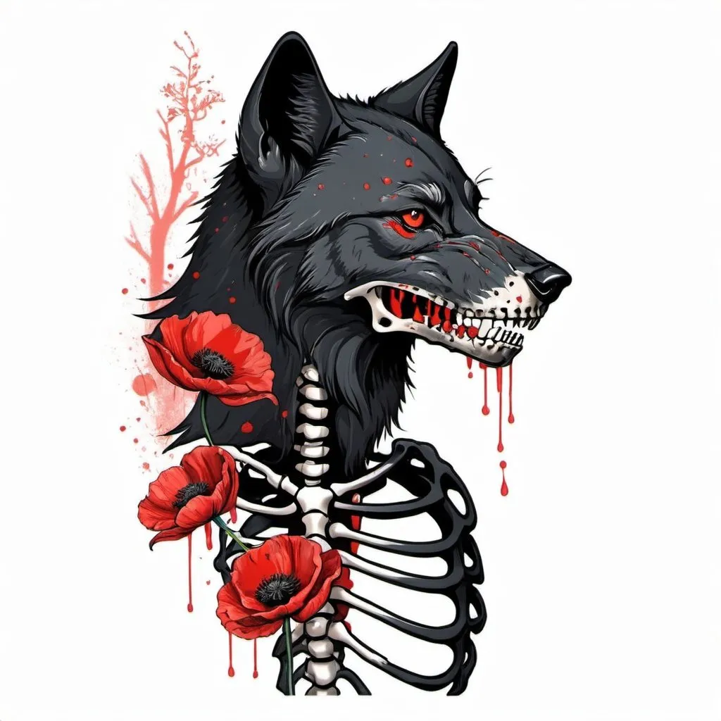 Prompt: black wolf outline with human skeleton. red splatter poppy flowers in rib cage.  side view. illustration, tattoo, drawing. color. pretty. oriental 