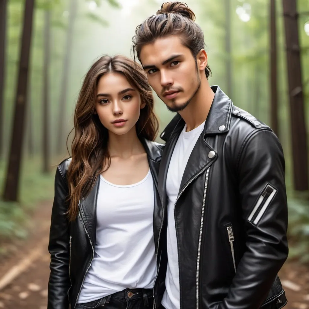 Prompt:  young man with tan skin, long reddish brown hair in a messy manbun, sweeping bangs sticking out. piercing bright hazel eyes, handsome, wearing black leather jacket, ripped jeans, and white t-shirt. standing beside a woman with pale skin, (long black wavy hair), piercing honey irises, slender body, gorgeous, beautiful, light vertical scar over lips.  comic book art. illustration. forest background.