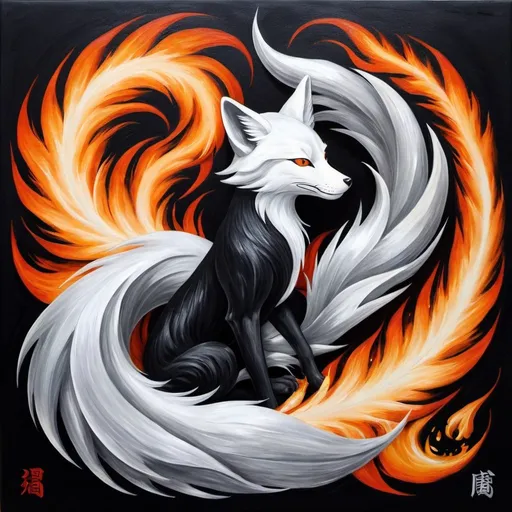 Prompt: kitsune three tails, black and silver. oil painting. Fire.