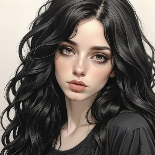 Prompt: 23 year old. gorgeous, beautiful.  goddess beauty. gorgeous. long black flowy haired woman. pale skin. amber  eyes. black t-shirt. full lips. Detailed faces. hand drawing. hand drawn. 