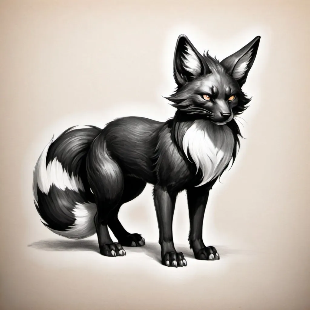 Prompt: Black kitsune with white accents. three tails. beast. strong. large ears. pencil sketch. 