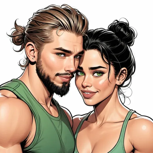 Prompt: couple. messy man bun. muscular, Latino Austin Butler, Green hazel eyes. short neat beard. in love. laughing. kissing black haired Margo Robbie. Detailed faces. Comic book art. hand drawing. 