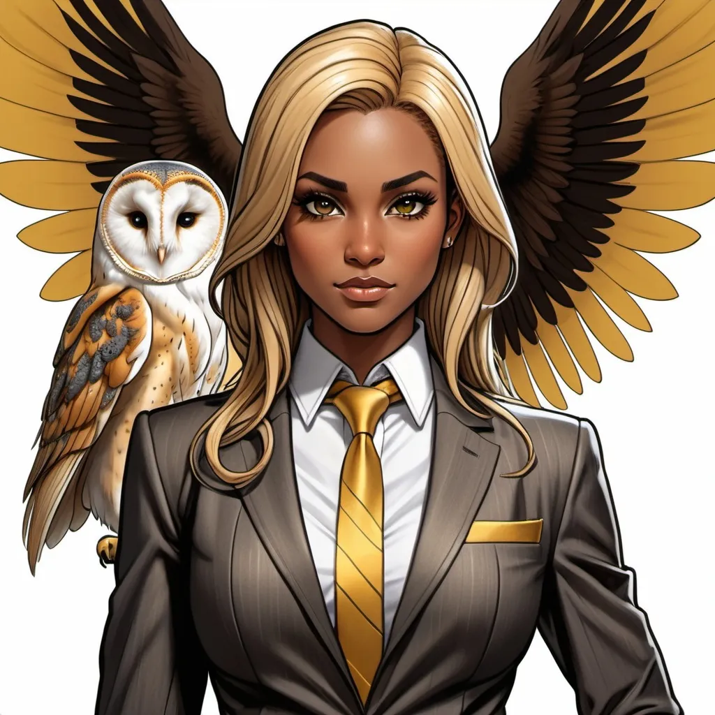 Prompt: female fey, dark tan skin, shoulder length blonde and brown highlighted hair, piercing yellow  irises, curvy body, dressed in fancy tailored suit and tie, butler attire, black boots, beautiful, D&D sheet, oc character. comic book art. illustration. detailed face. detailed barn owl wings. shy.