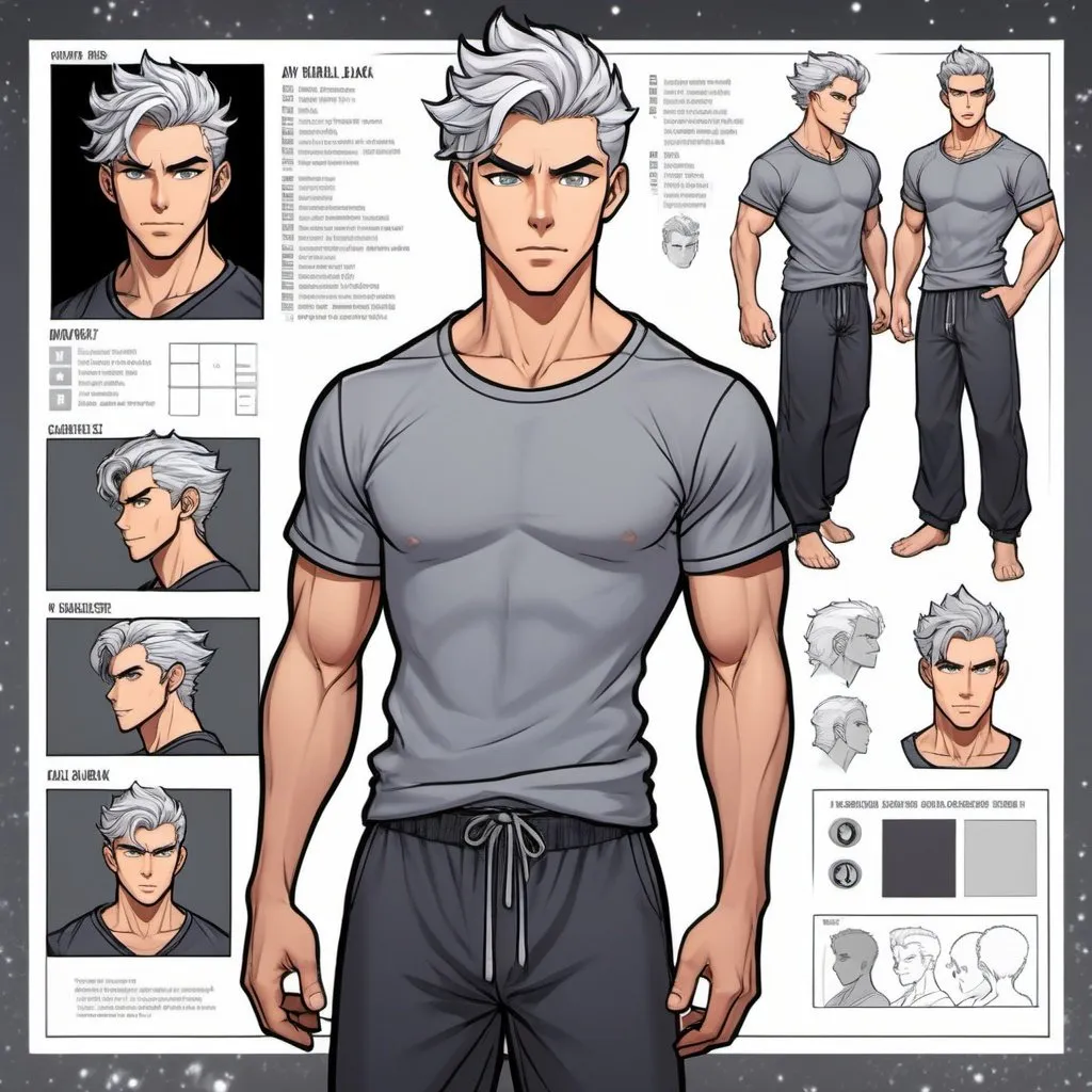 Prompt: Shifter male, character sheet. light tan skin, silver hair faced on sides, piercing gray irises, handsome, Andy black, DnD sheet, oc character. wearing dark galaxy pajama pants and a gray t-shirt. comic book art, illustration