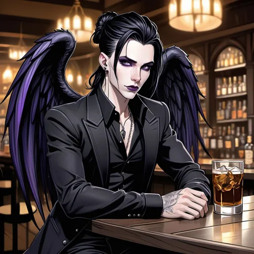 Prompt: Fey male, long pointed ears, Pale skin, long black hair, messy man bun, piercing violet irises, large solid black angel wings, handsome, andy black, DnD sheet, oc character.  well dressed. Full body. Gothic regal attire. black metal pocket watch. sipping from whiskey glass. sitting at bar. simple tavern background, illustration, comic book art