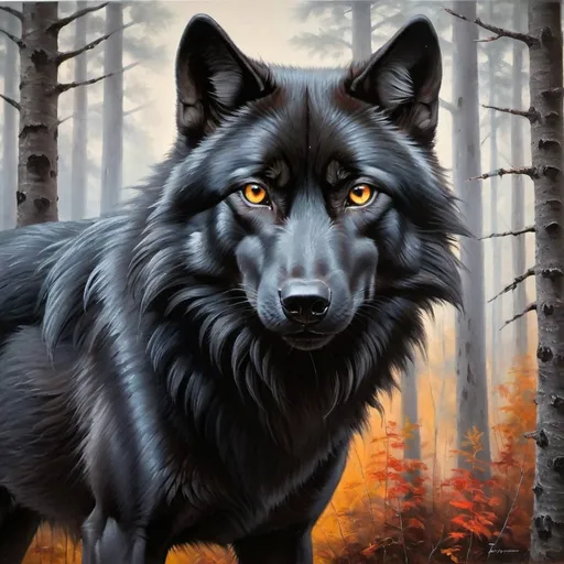 Prompt: large female solid black wolf with ember eyes oil painting. forest back ground