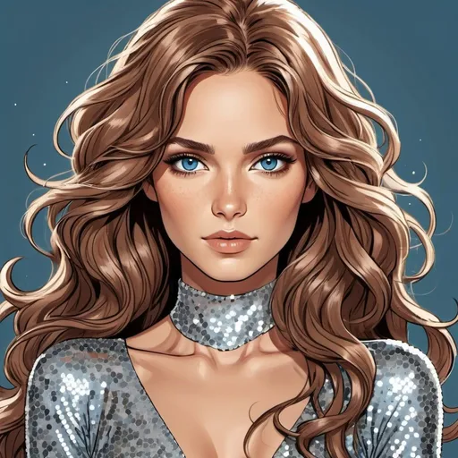 Prompt: ((beautiful brown flowy haired woman with hair down. tan skin)) steel blue eyes. wearing long sleeve silver sequin dress Detailed faces. Comic book art. hand drawn. 