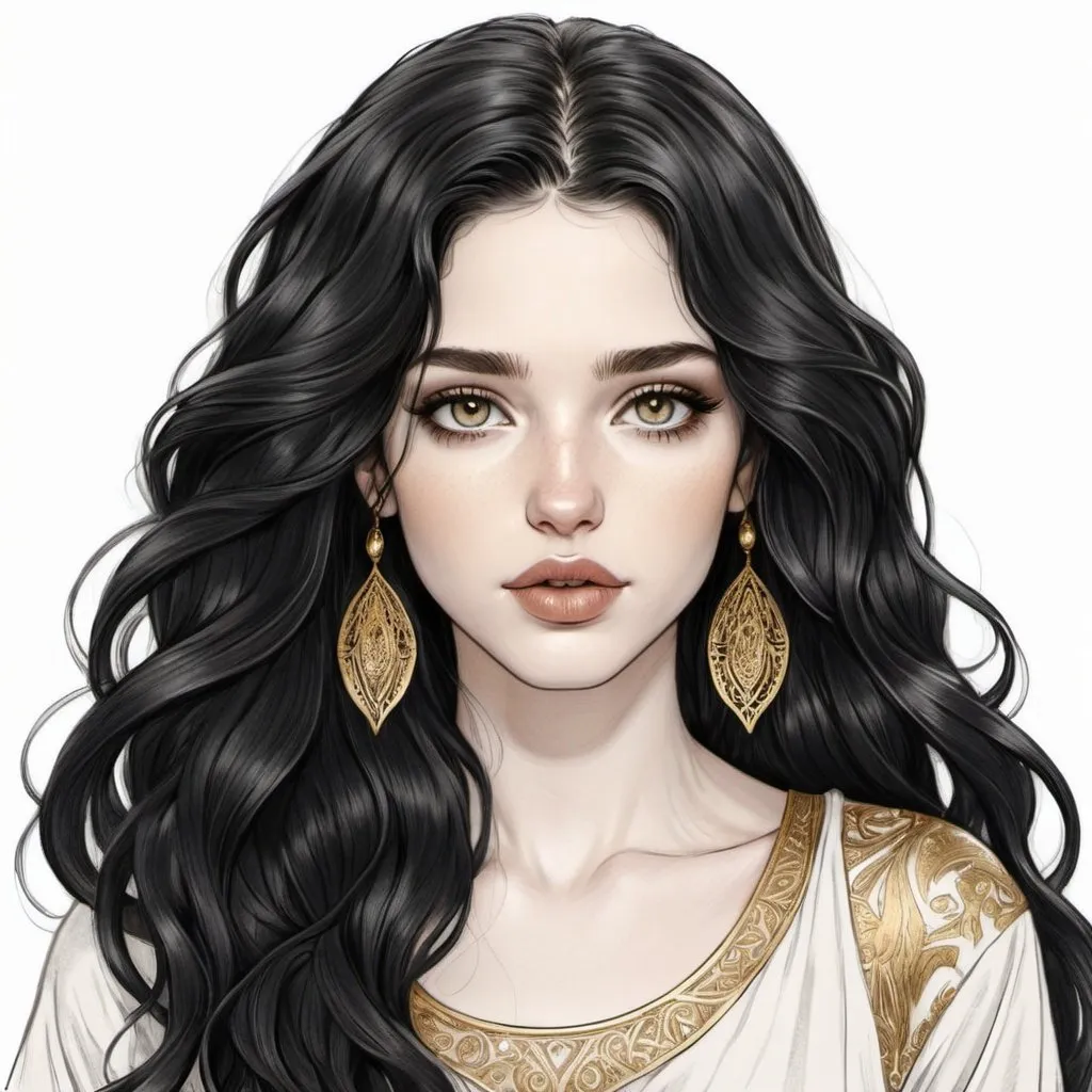 Prompt: 23 year old. gorgeous, beautiful.  goddess beauty. gorgeous. long black flowy haired woman. pale skin. gold eyes. casual dressed. full lips. Detailed faces. hand drawing. hand drawn. 