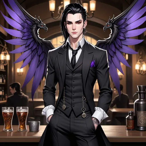 Prompt: Fey male, long pointed ears, Pale skin, long black hair, messy man bun, piercing violet irises, large solid black  wings, handsome, andy black, DnD sheet, oc character.  well dressed. Full body. Gothic regal attire. holding black metal pocket watch. simple tavern background, illustration, comic book art