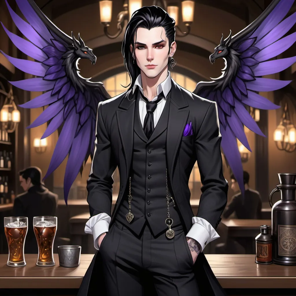 Prompt: Fey male, long pointed ears, Pale skin, long black hair, messy man bun, piercing violet irises, large solid black  wings, handsome, andy black, DnD sheet, oc character.  well dressed. Full body. Gothic regal attire. holding black metal pocket watch. simple tavern background, illustration, comic book art