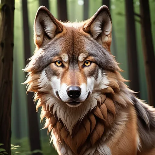 Prompt: large male wolf reddish brown fur with hazel eyes. webtoon art. forest back ground